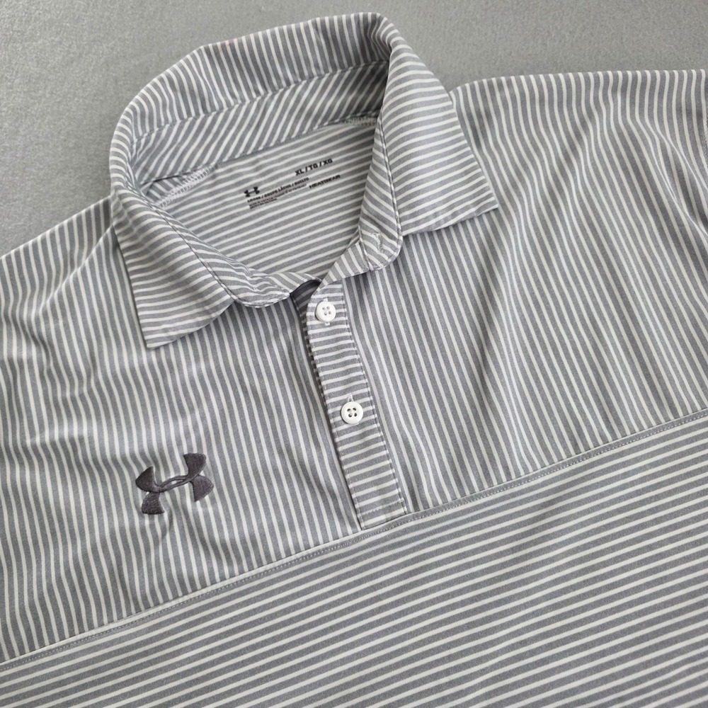Under Armour Mens XL HeatGear Striped Polo Shirt Grey White Loose Fit Sport